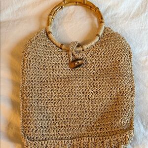Tan Crochet Tote with Bamboo Handle